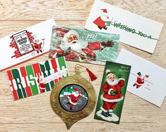 7 Vintage Santa Christmas Cards, Midcentury Santa Claus Cards, 1950s-1960s Santa Messenger Cards Set