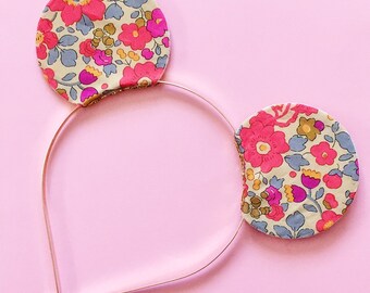 Mickey Ears Headband Liberty of London Neon Floral, Reversible with Gold Glitter, giddyupandgrow