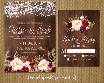 Rustic Fall Wedding Invitation,Burgundy,Marsala,Blush,Fairy Lights,Barn Wood,Rustic,Romantic,Custom,Printed Invitation,Wedding Set,Envelopes