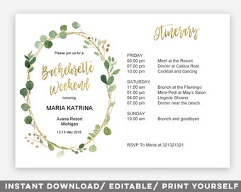 Editable PDF Greenery bachelorette weekend invitation, editable weekend itinerary invitation, Printable Bachelorette Weekend Invitation