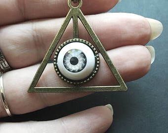 Eye Necklace, Eye Pendant, Deathly Hollows Necklace, Triangle Pendant, Deathly Hollows, Eyeball Pendant, Eyeball Jewelry, Goth Necklace, Eye