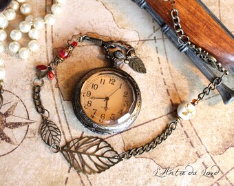 Nature steampunk Pocket Watch porcelain beads "Autumn tic tac"