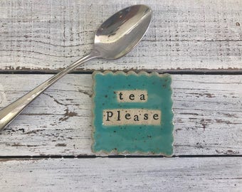 Stamped Ceramic coffee spoon rest -tea bag rest - Ring Holder- Trinket dish-stamped dish- Tea Please- tea light holder- coffee spoon- Jade-