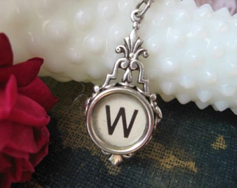 Antique Typewriter Key Pendant, Letter W, Initial Necklace