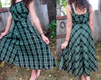 Handmade Vintage Green Taffeta Plaid Dress