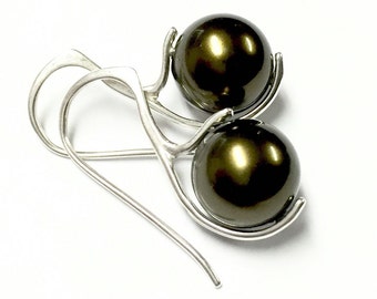Olive martini pearl earrings, sterling silver earrings, olive green earrings, dark earrings, silver dangle earrings, pearl earrings
