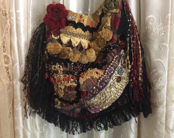 Black Gold Gypsy Bag, black lace, red chenille blue velvet fabric, thick upholstery grade, ooak fabric shoulder bag, beads tassel fringe