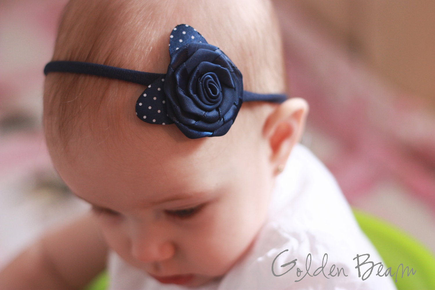 Baby Headbands Navy Rose With Polka Dot Leaves Handmade
