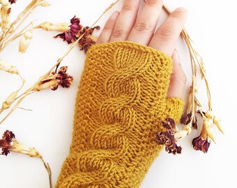 Mustard cable knit gloves - Knit fingerless gloves Fingerless gloves Mustard yellow gloves Christmas gift ideas Gift under 30 Arm warmer