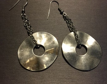 Long silver disc earrings