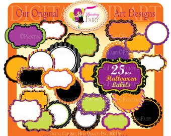 25 Digital Labels Halloween Clipart Embellishments Scalloped Clip Art Frames Scrapbooking DIY images Personal & Commercial Use pf00044-11