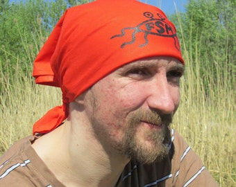 Red bandana with Flying Spaghetti Monster, FSM, Pastafarianism, head bandana, headdress