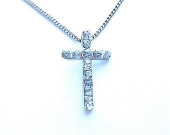 DESIGNER RHINESTONES Silvertone Cross, Vintage Silver & Rhinestone Cross, Petite Silvertone Cross Pendant with Neck Chain, Vintage Marcasite