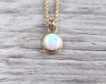 Tiny opal necklace. Gold or silver with 6 or 8 mm lab opal.