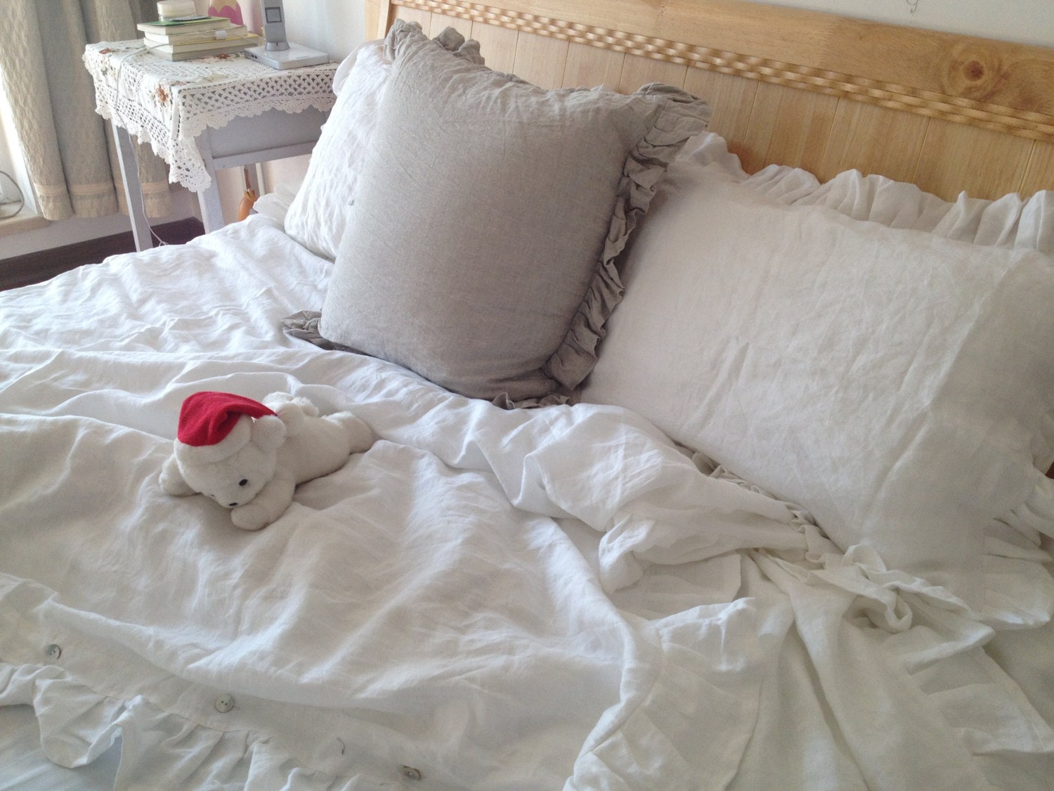 Shabby chic Pre washed 100 Natural Linen bedding ruffled