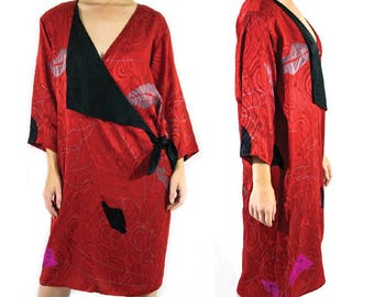 Rare Vintage FLORA KUNG 1980's 100% Red Silk Kimono Dress