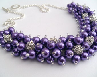 Purple Necklace, Pearl and Rhinestone Beaded Necklace, Bridal Jewelry, Cluster Necklace, Chunky Necklace, Bridesmaid Gift, Wedding Jewelry