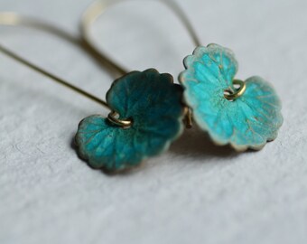 Green Leaf Earrings ... Boho Turquoise Lily Pad Long Earrings