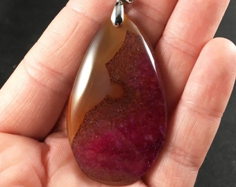 Brown and Pink Druzy Agate Stone Pendant Necklace