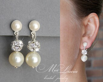 Bridal Jewelry Clip-On Earrings, Pearl Clip-on Earrings, Ivory Pearl Bridal Jewelry Clip-on Earrings, White Silver or Gold e01
