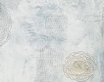Winter White no.1 / Mixed Media Drawing with Hand Embroidery