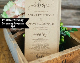 Wedding Program Template, Printable Wedding Program, Rustic Wedding Program Template, DIY Ceremony Program, Wedding, Instant Download, PDF