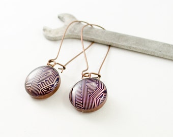 Copper Recycled Circuit Board Earrings, Copper Dangle Earrings, Nerdy Earrings, Engineer Earrings, Gifts for Scientists, Science Gift