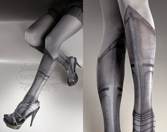 Tattoo Tights - Warrior Princess asphalt one size full length printed tights closed toe pantyhose, tattoo socks, tattoo tights