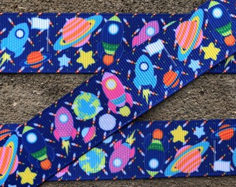 3 yards Colorful Space Ship Martians Aliens Outer Space Grosgrain Ribbon 1" Kids Cartoon Hair Bows Ribbons