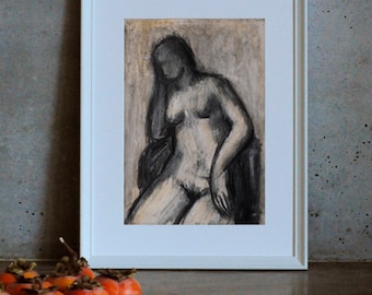 Nude drawing in Beige, Crayon drawing, Sitting figure, Woman silhouette, Charcoal Figurative drawing, wall art