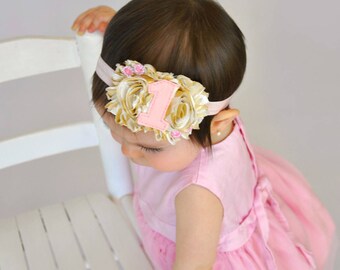 Pink gold 1st headband - Pink Gold #1 headband - First birthday headband - First Birthday girl - Pink and gold first birthday headband