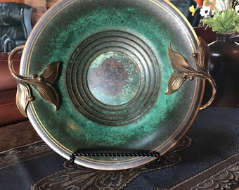 Carl Sorensen Bowl, Verdigris Patina, Copper and Bronze, Decorative Leaf Handles, Arts and Crafts, Art Deco, Antique, Vintage, 1920's