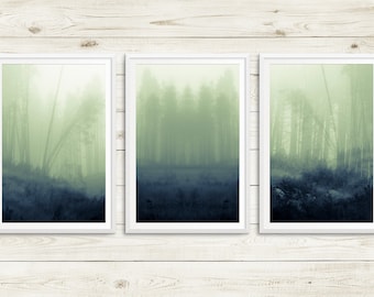 foggy forest triptych, large forest art print set, misty forest art set, green forest art prints, fine art photography, nature photography