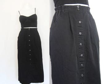 Basic black button up skirt, vintage heavy cotton skirt -- pleated, long black skirt, minimalist, maxi, 1990s 90s clothing, medium