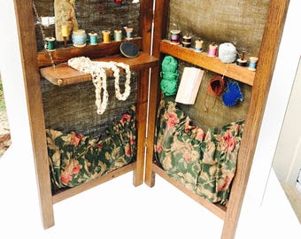 Antique Sewing Station, Vintage Spools ,Yarn, Needles, Pin Cushion Oak Frame, Burlap