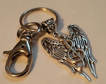 Angel Wing Key Chain - Music Jewelry - Swivel Clip Key Chain - Angel Wing Jewelry - Treble Clef Key Chain - Music Key Chain