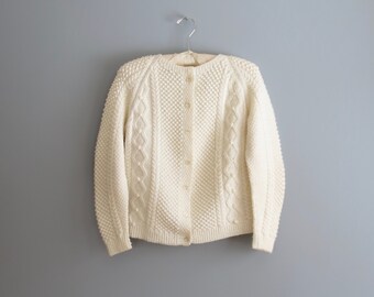 cable knit sweater * vintage cardigan sweater * fishermans sweater * white cardigan * small