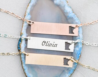Minnesota Necklace • Minnesota State Charm • Layering Jewelry • Silver Bar Necklace Long Distance Love Personalized Bar Customize
