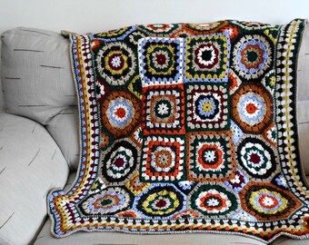 granny square afghan, crochet chunky blanket, wool crochet throw, merino wool crochet blanket, handmade throw "Painted Desert sunset"