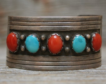 Old Pawn Navajo Native American Turquoise & Coral Sterling Silver Cuff Bracelet
