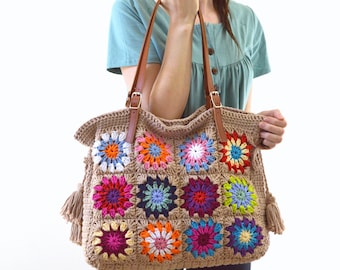 Crochet Granny Squares Tote Bag with Genuine Leather Handles, Crochet Summer Bag, Shopper Bag, Boho Style Bag