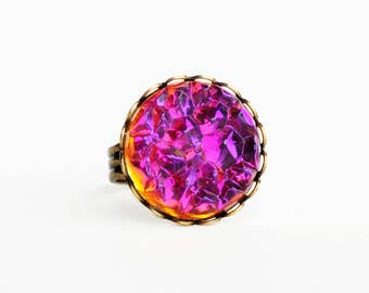 Iridescent Purple Orange Crystal Ring Large Vintage AB Glass Druzy Drusy Ring Statement Jewelry Glamorous Statement