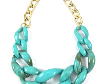 Turquoise | Gold Statement Necklace | Gold Chunky Necklace | Large Link Necklace | Resin Link Necklace | Acrylic Link Necklace | Aqua