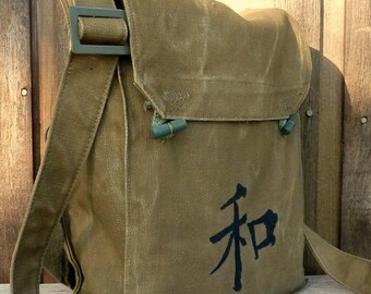 Kanji Peace on a Vintage Canvas Army Messenger Bag Satchel - Hand Painted
