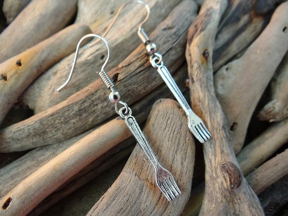 Tiny Little Fork Earrings I'm Really A Mermaid Earring Ear Ring Rings Drops Drop Dangle Miniature Miniatures Dollhouse Dollshouse Doll House
