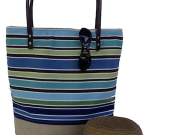 Blue Stripe Tote, Market Tote, Burlap Beach Bag, Summer Tote, Tote Bag, Carry All, Stripe Bag, Cotton Leather Tote, Resort Bag, Burlap Tote