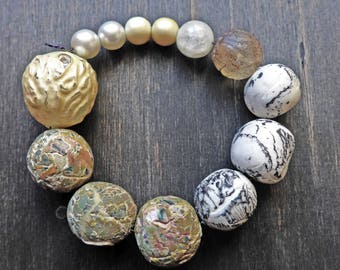 Pale art bead set by fancifuldevices- six (6) rustic handmade polymer clay, seven (7) vintage