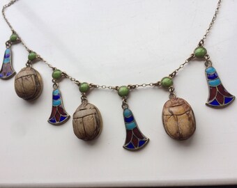 1920s Art Deco Egyptian Revival Silver Necklace
