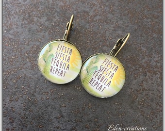 Earrings glass cabochon, fiesta, summer, cocktails, humor, mojito, summer, tequila earrings jewelry