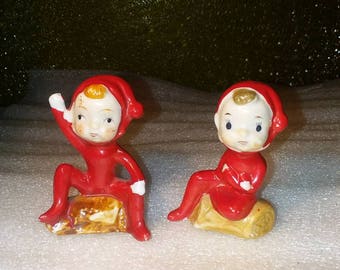 Vintage Hand Painted Set of 2 Christmas Pixie Elves Sitting on Logs